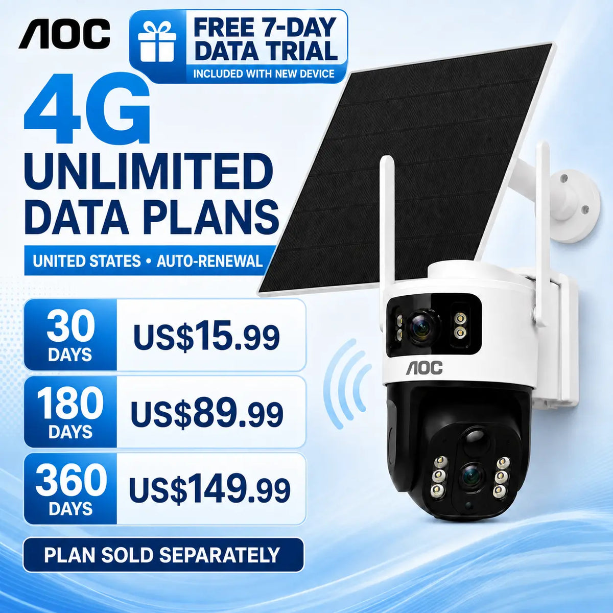 AOC 4G LTE Solar-Powered Outdoor Security Camera - Advanced Dual-Lens System, AI Tracking, Color Night Vision & 2-Way Audio for Ultimate Protection