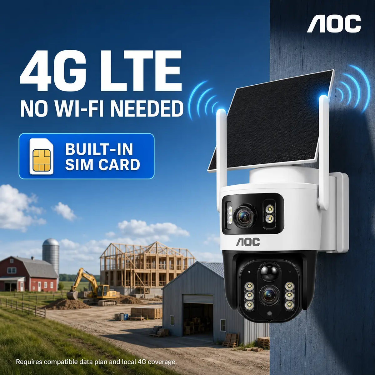 AOC 4G LTE Solar-Powered Outdoor Security Camera - Advanced Dual-Lens System, AI Tracking, Color Night Vision & 2-Way Audio for Ultimate Protection