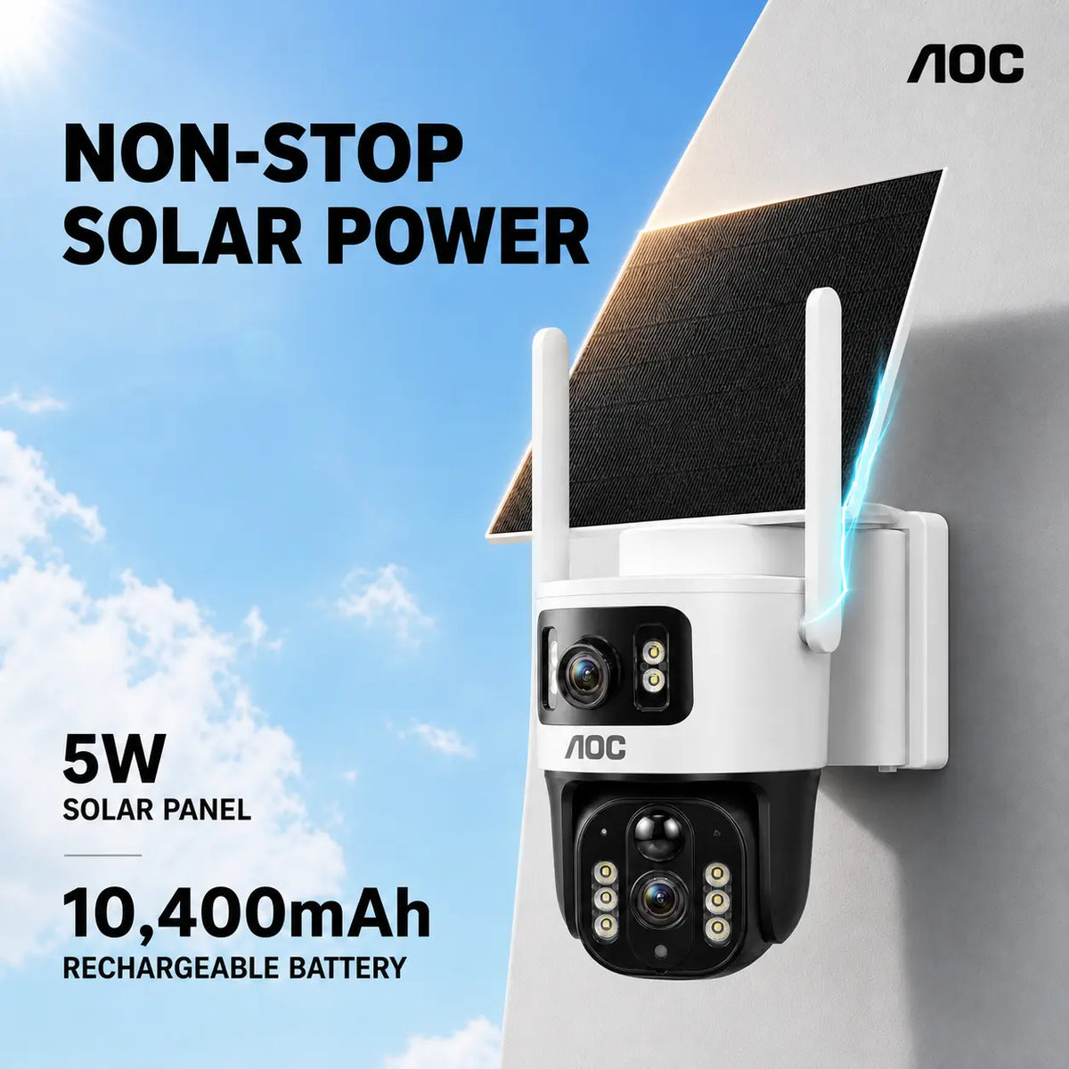 AOC 4G LTE Solar-Powered Outdoor Security Camera - Advanced Dual-Lens System, AI Tracking, Color Night Vision & 2-Way Audio for Ultimate Protection
