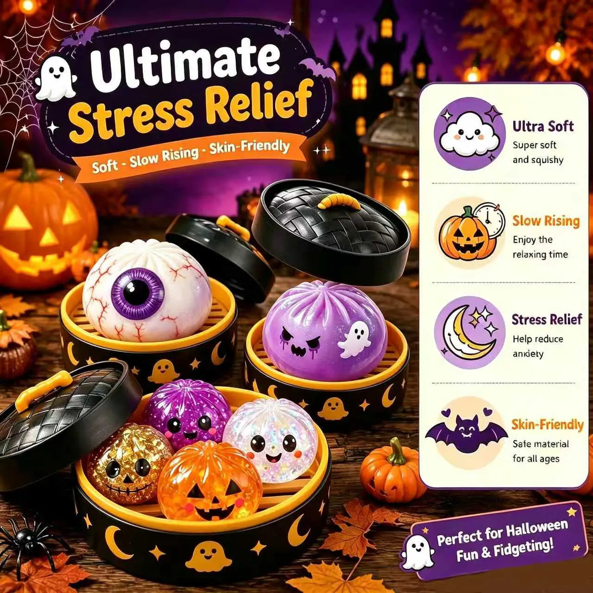 Adorable Halloween Ghost Maruko Squishy Squeeze Toy Set - Mini Stress Relief Fidget for Kids, Perfect Party Treats & Whimsical Gifts